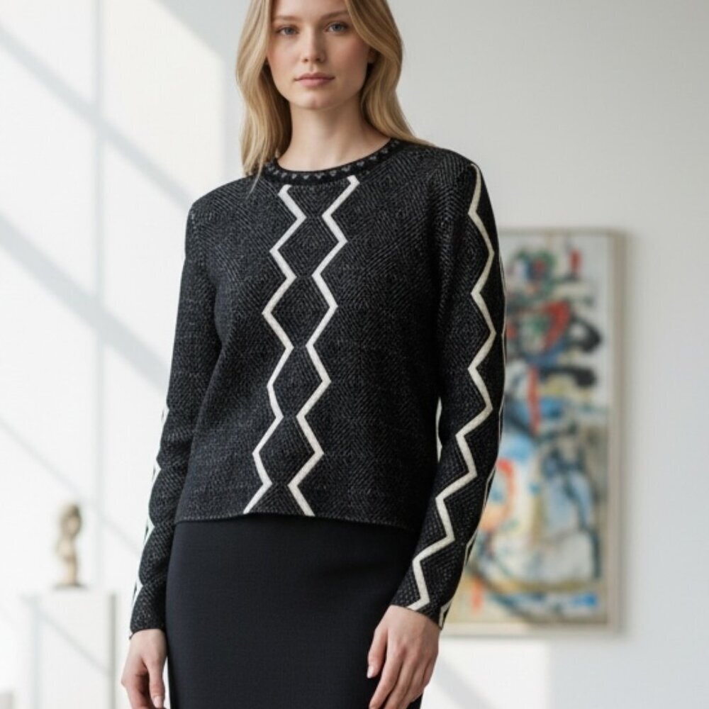 LN:GN Pullover Sweater Made In Italy Black Cream Geo Women's Size Small